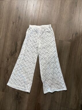 Girls White Crochet Swim Cover-Up Pants with Drawstring Waist
